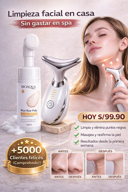 Combo Rejuvenecimiento Facial 3-en-1: Masajeador EMS Luz LED + Espuma Limpiadora